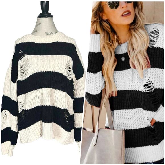 Pol | Women | Chenille Chunky Knit Striped Distressed Oversized Sweater | Small - Picture 1 of 14